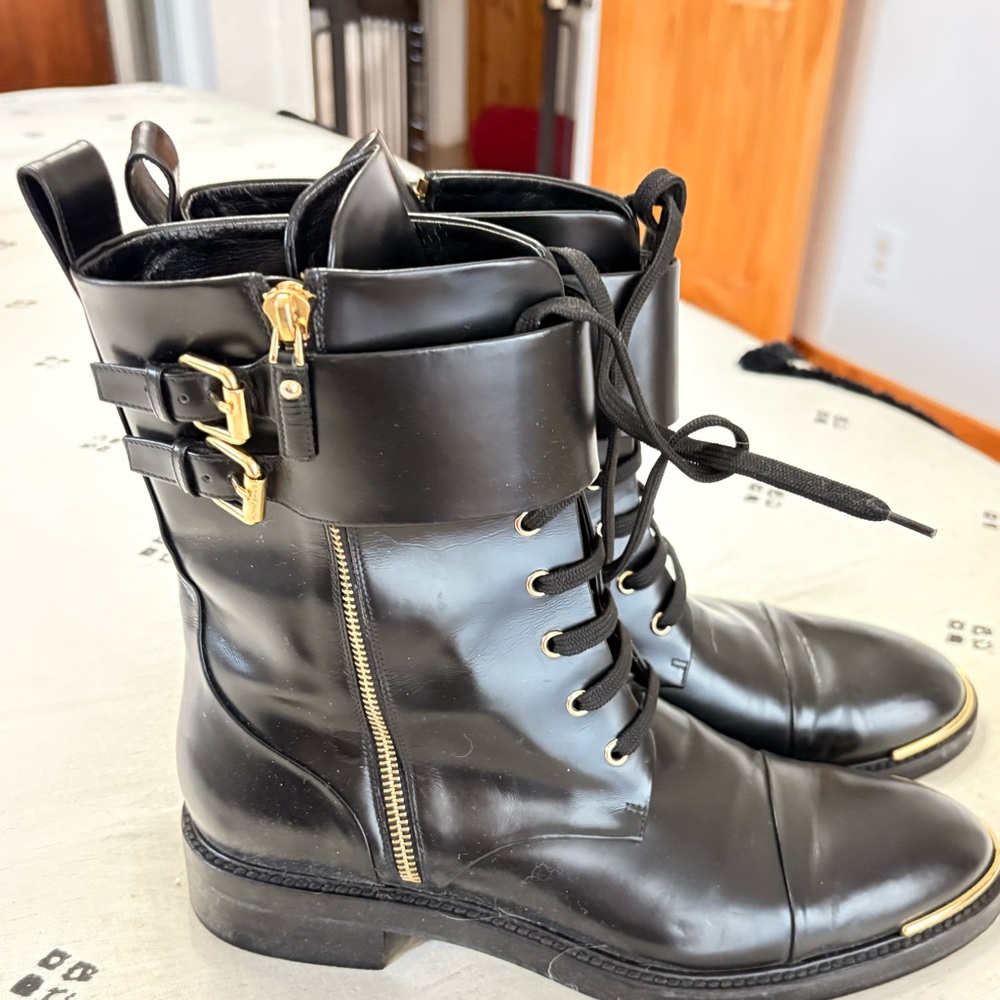 Louis Vuitton Black Combat Boots with Gold Accents